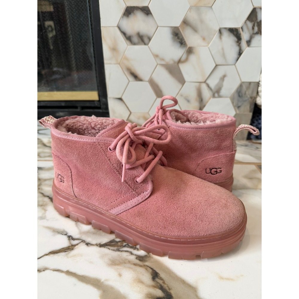 UGG Neumel Clear Boots Women 9 Pink Suede Shearling Lace Up Ankle Sheepskin